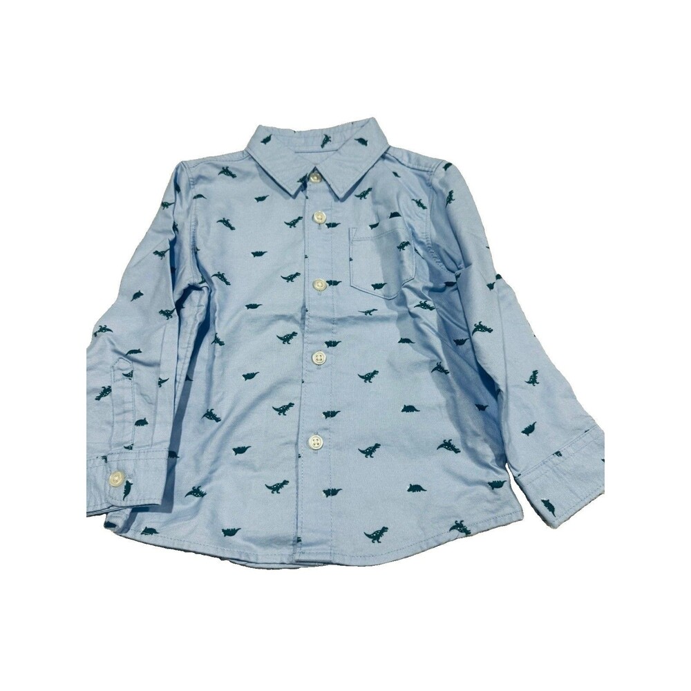 Boys Long Sleeve Woven Dress Shirt Dinosaurs Blue 100% Cotton Size 2T